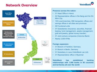 Network Overview
Head Office
in Ha Noi
02 Representative
Offices
155 Branches,
958 Transaction
Offices and
Savings Counters
01 Joint-Venture
Companies
07 Subsidiaries
09 Functional
Units
Central
29 Branches
South
53 Branches
North
Head Office
73 Branches
Presence across the nation:
• 01 Head Office in Hanoi
• 02 Representative offices in Da Nang and Ho Chi
Minh City
• 155 Local branches, 958 transaction offices and
savings offices in all cities and provinces
• 09 Functional units
• 07 Subsidiaries (insurance, securities, financial
leasing, fund management, assets management,
gold and jewelry, global money transfer)
• 01 Joint-venture companies (Indovina Bank)
• Nearly 2,000 ATMs
Foreign expansion:
• 01 Branch in Frankfurt, Germany
• 01 Branch in Berlin, Germany
• 01 Subsidiary in Laos (VietinBank Lao Ltd)
• 01 Representative office in Myanmar
VietinBank has established banking
relationships with 1,000 banks in 90 countries
and territories all over the world
12
 
