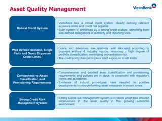 Asset Quality Management
• VietinBank has a robust credit system, clearly defining relevant
exposure limits and credit risk appetite.
• Such system is enhanced by a strong credit culture, benefiting from
well-defined delegations of authority and reporting lines.
Robust Credit System
• Loans and advances are relatively well allocated according to
business entities & industry sectors, ensuring a high degree of
portfolio diversification, minimizing concentration risk.
• The credit policy has put in place strict exposure credit limits.
Well Defined Sectoral, Single
Party and Group Exposure
Credit Limits
• Comprehensive and detailed asset classification and provisioning
requirements and policies are in place, in consistent with regulatory
norms and guidelines.
• Existence of robust procedures have resulted in positive
developments in non-performing asset measures in recent times.
Comprehensive Asset
Classification and
Provisioning Requirements
• Strong Credit risk management system is in place which has ensured
improvement in the asset quality in this growing economic
environment.
Strong Credit Risk
Management System
 
