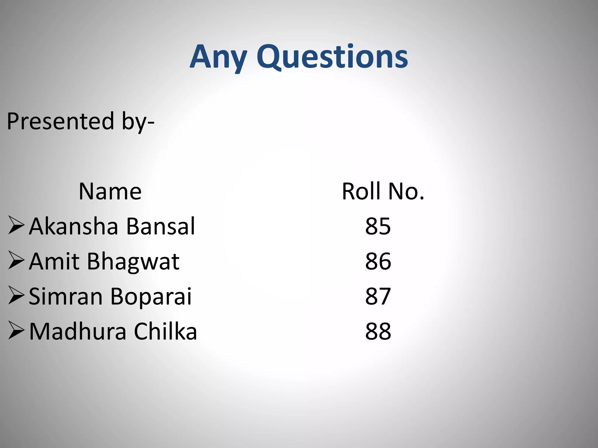 Any Questions
Presented by-
Name Roll No.
Akansha Bansal 85
Amit Bhagwat 86
Simran Boparai 87
Madhura Chilka 88
 