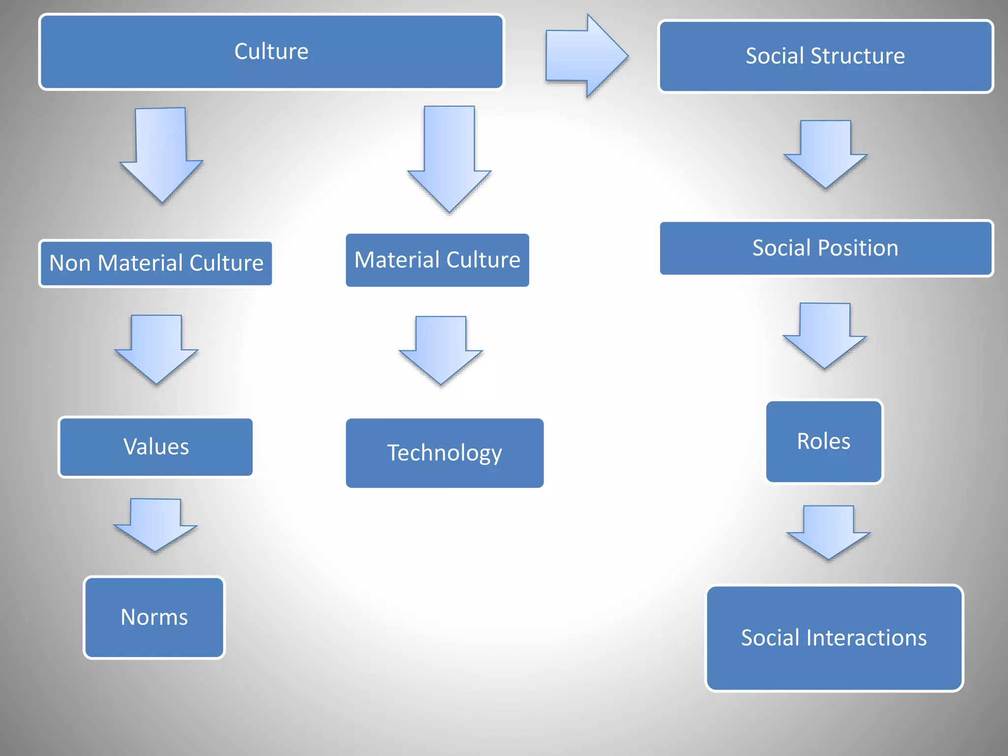 Culture Social Structure
Social Position
Roles
Social Interactions
Non Material Culture
Values
Norms
Material Culture
Technology
 