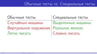 Обычные тесты vs. Специальные тесты
Обычные тесты Специальные тесты
Случайные машины Выделенные машины
Виртуальное окружение Реальное железо
Легко писать Сложно писать
7/30 1. Общая методология
 