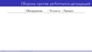 Оборона против performance-деградаций
Обнаружение Точность Процесс
11/30 1. Общая методология
 