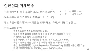 장단점과 매개변수
규제 매개변수: 회귀 모델은 alpha, 분류 모델은 C
보통 규제는 로그 스케일로 조절 (0.1, 1, 10, 100)
일부 특성이 중요하거나 해석을 쉽게하려면 L1 규제, 아니면 기본값 L2
선형 모델의 장점
학습속도와 예측속도 빠름(벡터 곱셈)
비교적 예측 과정을 이해하기 쉬움(계수 분석이 어려울 수 있음)
큰 데이터셋과 희박 데이터셋에 적합
샘플 수(n)보다 특성(m)이 많을 때. ex) m = 10,000, n = 1,000
특성이 부족할 때는 선형 모델 보다는 커널 SVM 등이 효과적
수십, 수백만개라면 LogisticRegression 에 solver=’sag’ 옵션을 사용(L2만 가능)
더 큰 데이터셋에서는 SGDRegressor, SGDClassifier 19
𝛼 ↑ 𝐶 ↓ → 규제 ↑ 𝑤 ↓
𝛼 ↓ 𝐶 ↑ → 규제 ↓ 𝑤 ↑
 