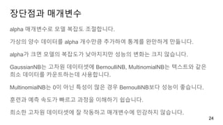 장단점과 매개변수
alpha 매개변수로 모델 복잡도 조절합니다.
가상의 양수 데이터를 alpha 개수만큼 추가하여 통계를 완만하게 만듦니다.
alpha가 크면 모델의 복잡도가 낮아지지만 성능의 변화는 크지 않습니다.
GaussianNB는 고차원 데이터셋에 BernoulliNB, MultinomialNB는 텍스트와 같은
희소 데이터를 카운트하는데 사용합니다.
MultinomialNB는 0이 아닌 특성이 많은 경우 BernoulliNB보다 성능이 좋습니다.
훈련과 예측 속도가 빠르고 과정을 이해하기 쉽습니다.
희소한 고차원 데이터셋에 잘 작동하고 매개변수에 민감하지 않습니다.
24
 