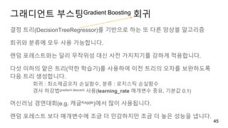 그래디언트 부스팅Gradient Boosting 회귀
결정 트리(DecisionTreeRegressor)를 기반으로 하는 또 다른 앙상블 알고리즘
회귀와 분류에 모두 사용 가능합니다.
랜덤 포레스트와는 달리 무작위성 대신 사전 가지치기를 강하게 적용합니다.
다섯 이하의 얕은 트리(약한 학습기)를 사용하여 이전 트리의 오차를 보완하도록
다음 트리 생성합니다.
회귀 : 최소제곱오차 손실함수, 분류 : 로지스틱 손실함수
경사 하강법gradient descent 사용(learning_rate 매개변수 중요, 기본값 0.1)
머신러닝 경연대회(e.g. 캐글Kaggle)에서 많이 사용됩니다.
랜덤 포레스트 보다 매개변수에 조금 더 민감하지만 조금 더 높은 성능을 냅니다.
45
 