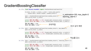 GradientBoostingClassifier
46
n_estimators=100, max_depth=3
learning_rate=0.1
과대적합
트리 깊이 제한
학습률 감소
 