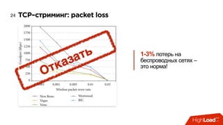 TCP–стриминг: packet loss24
Отказать 1-3% потерь на
беспроводных сетях –
это норма!
 