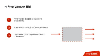 Что узнали ВЫ76
что такое видео и как его
стримить1
как писать свой UDP-протокол2
архитектура стримингового
сервиса3
 