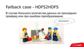 Failback case - HDFS2HDFS
В случае большого количества данных не прошедших
проверку или при ошибках преобразования.
HDFS2HDFS!!!
 