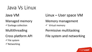 Java Vs Linux
Java VM
Managed memory
Garbage collection
Multithreading
Cross platform API
File system
Networking
Linux ...