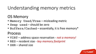 Understanding memory metrics
OS Memory
 Memory Used/Free – misleading metric
 Swap used – should be zero
 Buffers/Cache...