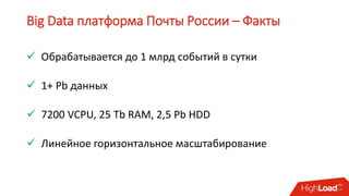 Big Data платформа Почты России – Факты
 Обрабатывается до 1 млрд событий в сутки
 1+ Pb данных
 7200 VCPU, 25 Tb RAM, 2,5 Pb HDD
 Линейное горизонтальное масштабирование
 