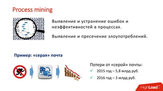 Process mining
Выявление и устранение ошибок и
неэффективностей в процессах.
Выявление и пресечение злоупотреблений.
Пример: «серая» почта
Потери от «серой» почты:
 2015 год – 5,8 млрд руб.
 2016 год – 3 млрд руб.
 