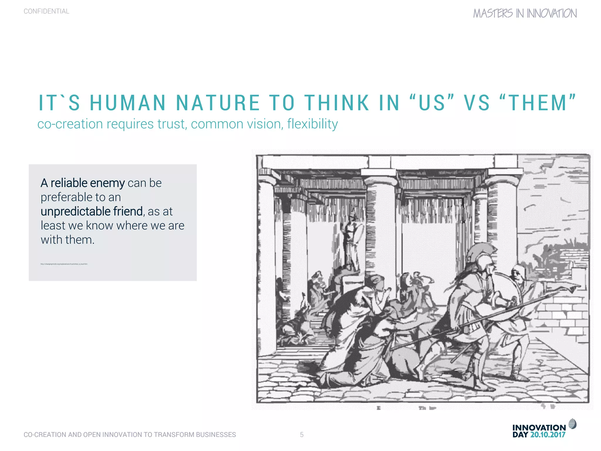 CO-CREATION AND OPEN INNOVATION TO TRANSFORM BUSINESSES 5
CONFIDENTIAL
IT`S HUMAN NATURE TO THINK IN “US” VS “THEM”
co-creation requires trust, common vision, flexibility
A reliable enemy can be
preferable to an
unpredictable friend, as at
least we know where we are
with them.
http://changingminds.org/explanations/trust/what_is_trust.htm
 