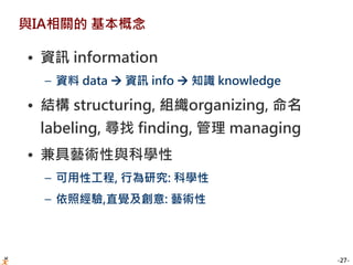 -27-
與IA相關的 基本概念
• 資訊 information
– 資料 data  資訊 info  知識 knowledge
• 結構 structuring, 組織organizing, 命名
labeling, 尋找 finding, 管理 managing
• 兼具藝術性與科學性
– 可用性工程, 行為研究: 科學性
– 依照經驗,直覺及創意: 藝術性
 