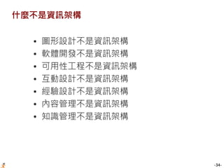 -34-
什麼不是資訊架構
• 圖形設計不是資訊架構
• 軟體開發不是資訊架構
• 可用性工程不是資訊架構
• 互動設計不是資訊架構
• 經驗設計不是資訊架構
• 內容管理不是資訊架構
• 知識管理不是資訊架構
 