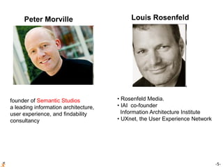 -5-
Peter Morville
founder of Semantic Studios
a leading information architecture,
user experience, and findability
consultancy
• Rosenfeld Media.
• IAI co-founder
Information Architecture Institute
• UXnet, the User Experience Network
Louis Rosenfeld
 