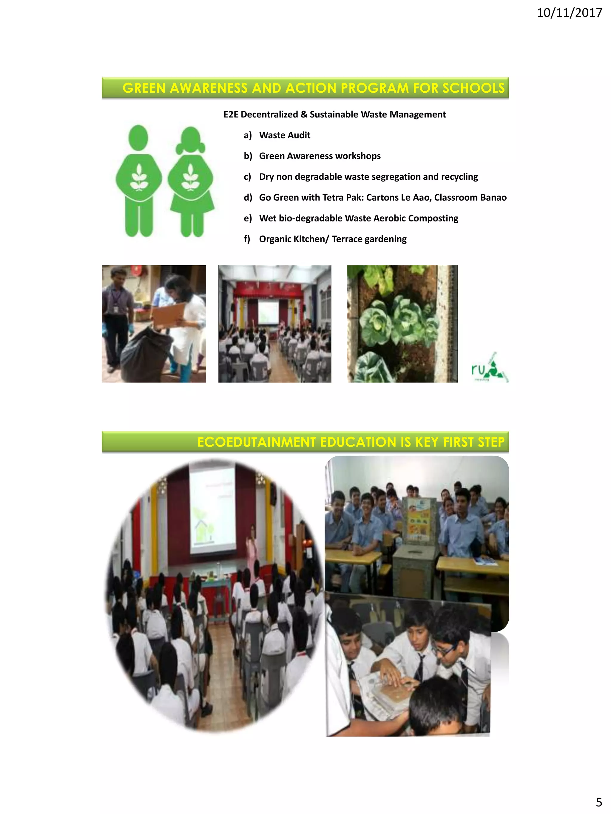 10/11/2017
5
E2E Decentralized & Sustainable Waste Management
a) Waste Audit
b) Green Awareness workshops
c) Dry non degradable waste segregation and recycling
d) Go Green with Tetra Pak: Cartons Le Aao, Classroom Banao
e) Wet bio-degradable Waste Aerobic Composting
f) Organic Kitchen/ Terrace gardening
GREEN AWARENESS AND ACTION PROGRAM FOR SCHOOLS
ECOEDUTAINMENT EDUCATION IS KEY FIRST STEP
 