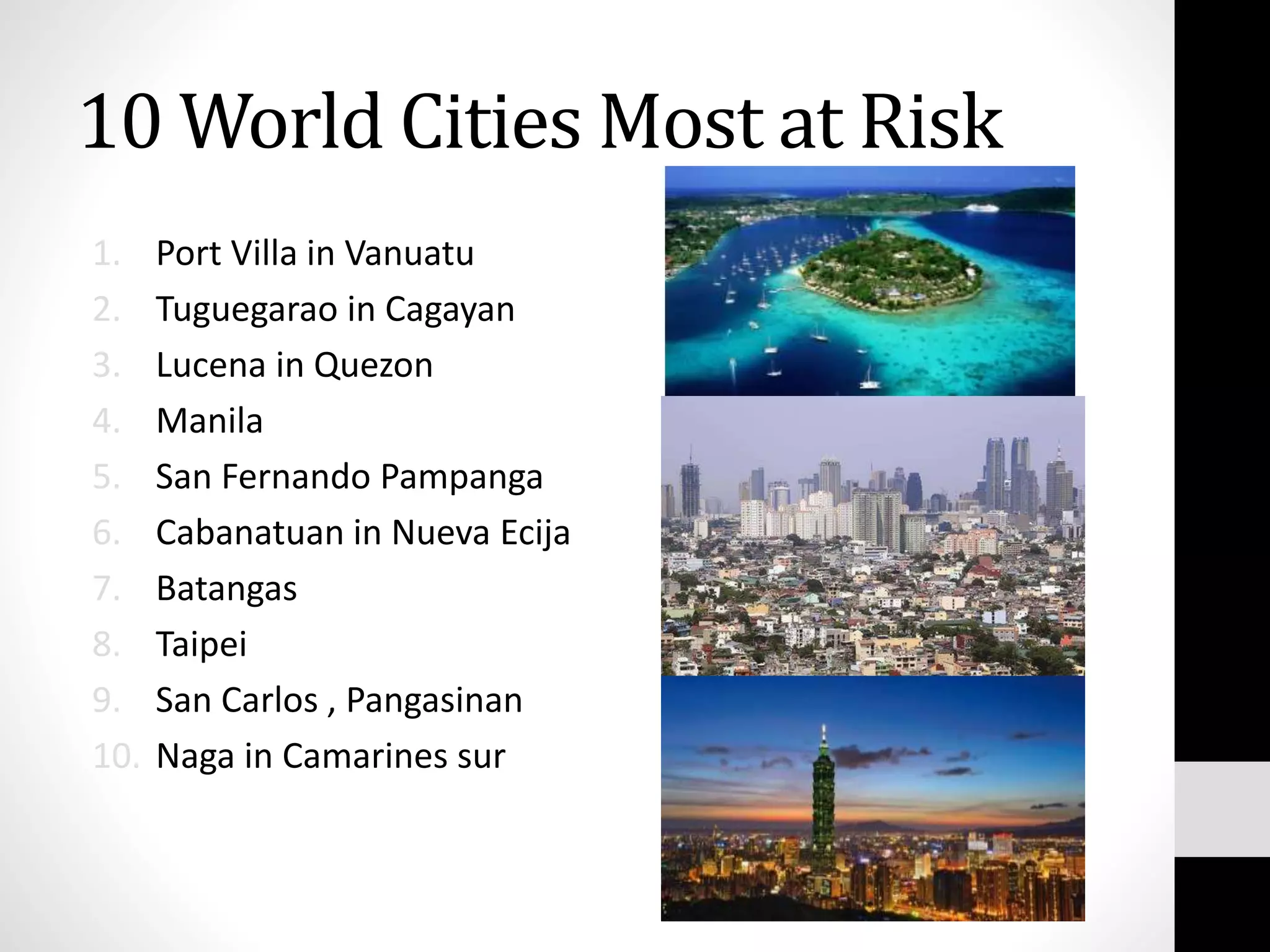 10 World Cities Most at Risk
1. Port Villa in Vanuatu
2. Tuguegarao in Cagayan
3. Lucena in Quezon
4. Manila
5. San Fernando Pampanga
6. Cabanatuan in Nueva Ecija
7. Batangas
8. Taipei
9. San Carlos , Pangasinan
10. Naga in Camarines sur
 