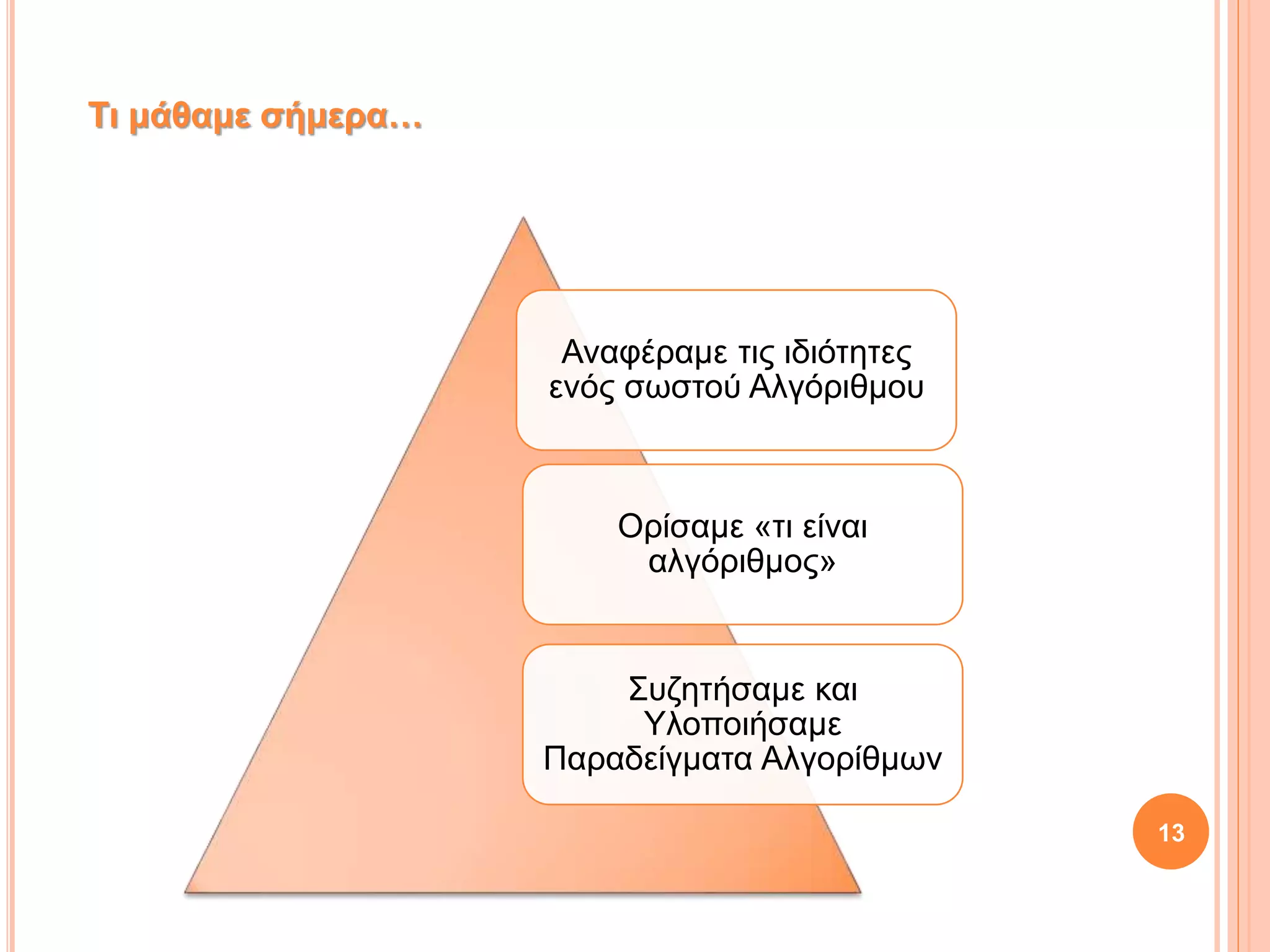 Αναφέραμε τις ιδιότητες
ενός σωστού Αλγόριθμου
Ορίσαμε «τι είναι
αλγόριθμος»
Συζητήσαμε και
Υλοποιήσαμε
Παραδείγματα Αλγορίθμων
13
Τι μάθαμε σήμερα…
 