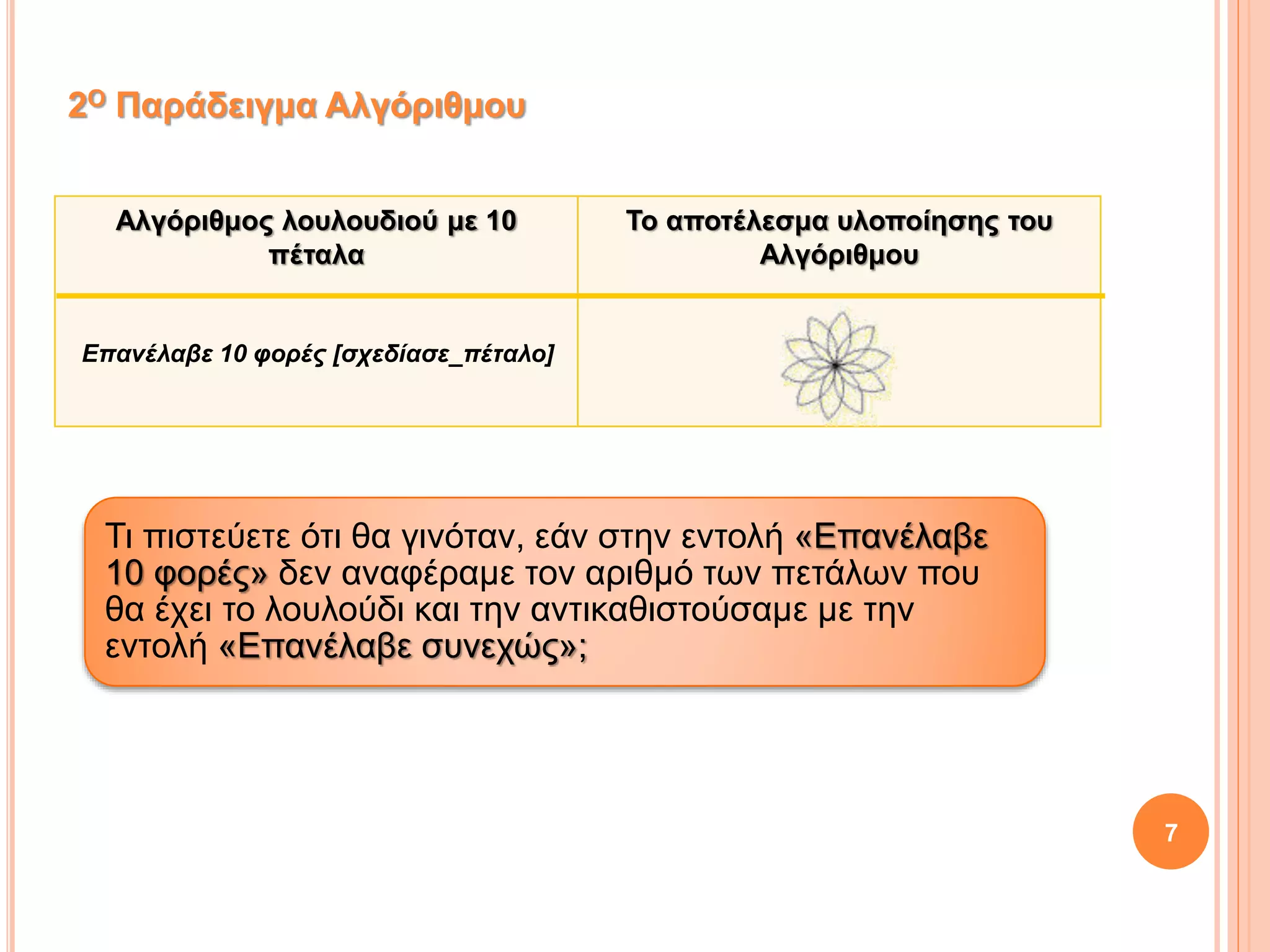 Αλγόριθμος λουλουδιού με 10
πέταλα
Επανέλαβε 10 φορές [σχεδίασε_πέταλο]
Το αποτέλεσμα υλοποίησης του
Αλγόριθμου
2Ο Παράδειγμα Αλγόριθμου
Τι πιστεύετε ότι θα γινόταν, εάν στην εντολή «Επανέλαβε
10 φορές» δεν αναφέραμε τον αριθμό των πετάλων που
θα έχει το λουλούδι και την αντικαθιστούσαμε με την
εντολή «Επανέλαβε συνεχώς»;
7
 