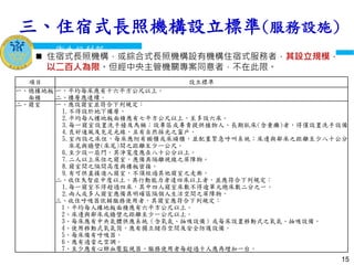衛生福利部
Ministry of Health and Welfare
衛生福利部
Ministry of Health and Welfare
三、住宿式長照機構設立標準(服務設施)
15
項目 設立標準
一、總樓地板
面積
一、平均每床應有十六平方公尺以上。
二、樓層應連續。
二、寢室 一、應設寢室並符合下列規定：
1.不得設於地下樓層。
2.平均每人樓地板面積應有七平方公尺以上，至多設六床。
3.每一寢室設置洗手檯及馬桶；設專區或專責提供植物人、長期臥床(含重癱)者，得僅設置洗手設備。
4.良好通風及充足光線，且有自然採光之窗戶。
5.室內設之床位，每床應附有櫥櫃或床頭櫃，並配置緊急呼叫系統；床邊與鄰床之距離至少八十公分；
床尾與牆壁(床尾)間之距離至少一公尺。
6.至少設一扇門，其淨寬度應在八十公分以上。
7.二人以上床位之寢室，應備具隔離視線之屏障物。
8.寢室間之隔間高度與樓板密接。
9.有可供直接進入寢室，不須經過其他寢室之走廊。
二、收住失智症中度以上、具行動能力者達四床以上者，並應符合下列規定：
1.每一寢室不得超過四床，其中四人寢室床數不得逾單元總床數二分之一。
2.兩人或多人寢室應備具明確區隔個人生活空間之屏障物。
三、收住呼吸器依賴服務使用者，其寢室應符合下列規定：
1、平均每人樓地板面積應有六平方公尺以上。
2、床邊與鄰床或牆壁之距離至少一公尺以上。
3、每床應有中央氣體供應系統（含氧氣、抽吸設備）或每床設置移動式之氧氣、抽吸設備。
4、使用移動式氧氣筒，應有獨立儲存空間及安全防護設備。
5、每床備有呼吸器。
6、應有適當之空調。
7、至少應有心肺血壓監視器、服務使用者每超過十人應再增加一台。
 住宿式長照機構，或綜合式長照機構設有機構住宿式服務者，其設立規模，
以二百人為限。但經中央主管機關專案同意者，不在此限。
 