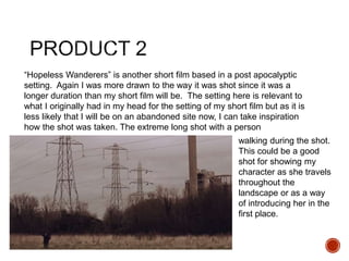 “Hopeless Wanderers” is another short film based in a post apocalyptic
setting. Again I was more drawn to the way it was shot since it was a
longer duration than my short film will be. The setting here is relevant to
what I originally had in my head for the setting of my short film but as it is
less likely that I will be on an abandoned site now, I can take inspiration
how the shot was taken. The extreme long shot with a person
walking during the shot.
This could be a good
shot for showing my
character as she travels
throughout the
landscape or as a way
of introducing her in the
first place.
 