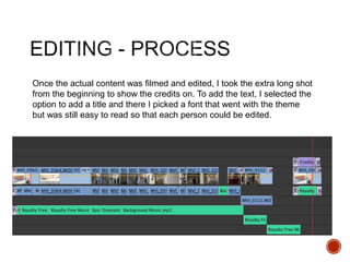 Once the actual content was filmed and edited, I took the extra long shot
from the beginning to show the credits on. To add the text, I selected the
option to add a title and there I picked a font that went with the theme
but was still easy to read so that each person could be edited.
 