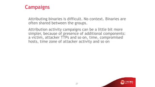 Campaigns
Attributing binaries is difficult. No context. Binaries are
often shared between the groups.
Attribution activit...