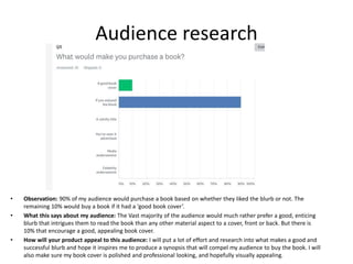 Audience research
• Observation: 90% of my audience would purchase a book based on whether they liked the blurb or not. The
remaining 10% would buy a book if it had a ‘good book cover’.
• What this says about my audience: The Vast majority of the audience would much rather prefer a good, enticing
blurb that intrigues them to read the book than any other material aspect to a cover, front or back. But there is
10% that encourage a good, appealing book cover.
• How will your product appeal to this audience: I will put a lot of effort and research into what makes a good and
successful blurb and hope it inspires me to produce a synopsis that will compel my audience to buy the book. I will
also make sure my book cover is polished and professional looking, and hopefully visually appealing.
 
