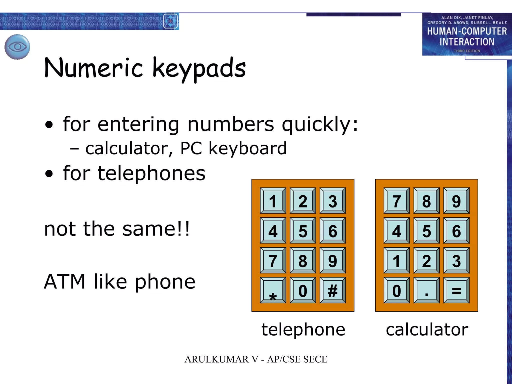 Numeric keypads
• for entering numbers quickly:
– calculator, PC keyboard
• for telephones
not the same!!
ATM like phone
4 5 6
7 8 9
*
0 #
1 2 3
4 5 6
1 2 3
0 . =
7 8 9
telephone calculator
ARULKUMAR V - AP/CSE SECE
 