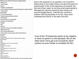 Due to the response to my question I am inclined to
believe that no one really knows a lot about the genre of
experimental. A few of the responses are positive, but
the rest of them seem to not know what experimental is.
Although this could be solved by them doing a 20
second Google Search, I feel like this could be a
problem with the popularity of my film, many wont
understand the Genre or the idea of the film.
6 out of the 19 responses seems to be negative
or have no opinion on the Synopsis. But on the
other hand I have got a lot of positives which
pushes me even harder to complete the film.
 