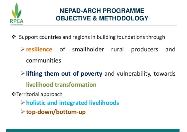 NEPAD-ARCH PROGRAMME
OBJECTIVE & METHODOLOGY
 Support countries and regions in building foundations through
resilience o...