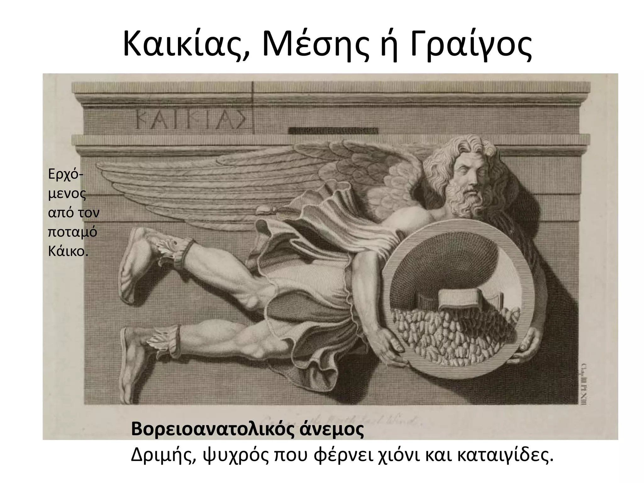 Καικίας, Μέσης ή Γραίγος
Βορειοανατολικός άνεμος
Δριμής, ψυχρός που φέρνει χιόνι και καταιγίδες.
Ερχό-
μενος
από τον
ποταμό
Κάικο.
 