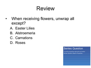 Review When receiving flowers, unwrap all except? Easter Lilies Alstroemeria Carnations Roses 