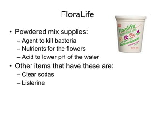FloraLife Powdered mix supplies: Agent to kill bacteria Nutrients for the flowers Acid to lower pH of the water Other items that have these are: Clear sodas Listerine 