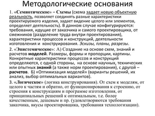 Методологические основания
1. «Семиотическое» ‒ Схемы (схема задает новую объектную
реальность, позволяет соединять разные характеристики
проектируемого изделия, задает видение целого или элементов,
определяет деятельность). В данном случае конфигурируются:
требования, идущие от заказчика и самого проектировщика, от
смежников (разделение труда внутри проектирования),
характеристики процессов и конструкций, деятельности
изготовления и конструирования. Эскизы, планы, разрезы.
2. «Эпистемическое»: А) Создание на основе схем, знаний и
расчетов моделей. Размеры, формы и пропорции, картины.
Конкретные характеристики процессов и конструкций
определяются, с одной стороны, на основе научных, технических
или опытных знаний (а также норм проектирования), с другой ‒
расчетов. Б) «Оптимизация моделей» (варианты решений, их
анализ, выбор оптимальных вариантов).
3. «Логическое» (логика конструирования). От схем к моделям, от
целого к частям и обратно, от функционирования к строению, от
строения к конструкциям и программе изготовления, от
принципиальных решений к оптимальным, т.е. более
качественным, дешевым и пр. (удовлетворяются требования
заказчика, вкусы проектировщика, требования технологизации).
 