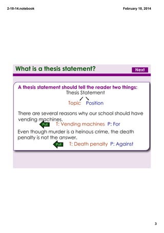 2­18­14.notebook

February 18, 2014

What is a thesis statement?

Next

A thesis statement should tell the reader two things:
Thesis Statement

Topic

Position

There are several reasons why our school should have
vending machines.
Pull
T: Vending machines P: For

Even though murder is a heinous crime, the death
penalty is not the answer.
Pull
T: Death penalty P: Against

3

 