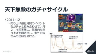 COPYRIGHT 2014 @ UNITY
TECHNOLOGIES
天下無敵のガチャサイクル
• 2011-12
• 売り上げ強化月間のイベント
をガチャと組み合わせて、月
２－４回実施し、驚異的な売
り上げを叩き出し、海外の皆
さんの注目を受ける。
ドリランド
月初
イベントの追い込みが
うまく盛り上がった
ガチャ施策つき
の短いイベント
月末近くなので
緩いイベント
月初イベント準備
 