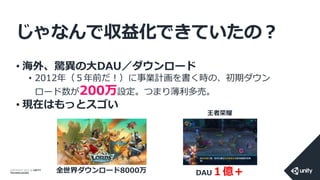 COPYRIGHT 2014 @ UNITY
TECHNOLOGIES
じゃなんで収益化できていたの？
• 海外、驚異の大DAU／ダウンロード
• 2012年（５年前だ！）に事業計画を書く時の、初期ダウン
ロード数が200万設定。つまり薄利多売。
• 現在はもっとスゴい
全世界ダウンロード8000万 DAU１億＋
王者荣耀
 