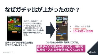 COPYRIGHT 2014 @ UNITY
TECHNOLOGIES
なぜガチャ比が上がったのか？
５ポチ＋当時流行した
レイドではBPが課金。
アイテムなども必要。
一概に言えないが、最
短で消費するなら1分数
百円～数千円を消費し
うる。
ガチャサイクルを確立させた
ドラゴンコレクション
コナミさんの傑作「実況パワプロ」
• １試合１～３分程度
• ５試合＝120円。
• 10-15分=120円
古典サイクル部分が長くなり、相対的
に時短・スタミナが効きにくくなった
 