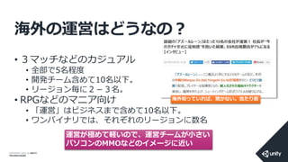 COPYRIGHT 2014 @ UNITY
TECHNOLOGIES
海外の運営はどうなの？
• ３マッチなどのカジュアル
• 全部で5名程度
• 開発チーム含めて10名以下。
• リージョン毎に２－３名。
• RPGなどのマニア向け
• 「運営」はビジネスまで含めて10名以下。
• ワンバイナリでは、それぞれのリージョンに数名
運営が極めて軽いので、運営チームが小さい
パソコンのMMOなどのイメージに近い
海外知っていれば、驚かない。当たり前
 
