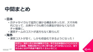 COPYRIGHT 2014 @ UNITY
TECHNOLOGIES
中間まとめ
• 日本
• ガチャサイクルで猛烈に儲かる構造を作ったが、スマホ時
代になって、古典サイクル側での課金が効かなくなりガ
チャ偏重に。
• 運営チームのコストが途方もなく膨らんだ
• 海外
• 運営コストが安く、しかも収益化できるようになった！
ただし、当たったときの爆発力では、今でも日本型のイベントシス
テムは最強。問題は負けたときに取り返しがつかないことと、当て
るためにはIPや資金や運がたくさんいること
 