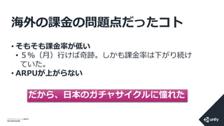 COPYRIGHT 2014 @ UNITY
TECHNOLOGIES
海外の課金の問題点だったコト
• そもそも課金率が低い
• ５％（月）行けば奇跡。しかも課金率は下がり続け
ていた。
• ARPUが上がらない
だから、日本のガチャサイクルに憧れた
 