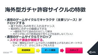 COPYRIGHT 2014 @ UNITY
TECHNOLOGIES
海外型ガチャ許容サイクルの特徴
• 通常のゲームサイクルでキャラクタ（主要リソース）が
ドロップする
• 誰でも同じものを手に入れるチャンス
• 相対的にガチャの価値は下がる
• →値段を下げて詰め合わせにして解決
• ガチャが安いので新規追加で売り上げを追求しなくていい
• 通常のゲームサイクルでドロップ
＝スタミナ課金が機能する。
• 中国・韓国などのゲームではそこの速度を上げるためにオートやス
ピードアップ、さらにスキップを入れる
倍速解放 オート解放 スキップ
 