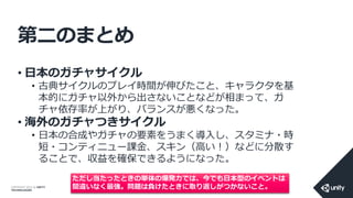 COPYRIGHT 2014 @ UNITY
TECHNOLOGIES
第二のまとめ
• 日本のガチャサイクル
• 古典サイクルのプレイ時間が伸びたこと、キャラクタを基
本的にガチャ以外から出さないことなどが相まって、ガ
チャ依存率が上がり、バランスが悪くなった。
• 海外のガチャつきサイクル
• 日本の合成やガチャの要素をうまく導入し、スタミナ・時
短・コンティニュー課金、スキン（高い！）などに分散す
ることで、収益を確保できるようになった。
ただし当たったときの単体の爆発力では、今でも日本型のイベントは
間違いなく最強。問題は負けたときに取り返しがつかないこと。
 