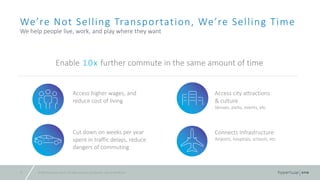 ©	2016	Hyperloop	One	Inc.	All	rights	reserved.	Confidential	– Not	for	Distribution22
We’re	Not	Selling	Transportation,	We’re	Selling	Time
We	help	people	live,	work,	and	play	where	they	want	
Access	higher	wages,	and		
reduce	cost	of	living
Enable 10x further commute	in	the	same	amount	of	time	
Connects	Infrastructure															
Airports,	hospitals,	schools,	etc.
Access	city	attractions	
&	culture														
Venues,	parks,	events,	etc.
Cut	down	on	weeks	per	year	
spent	in	traffic	delays,	reduce	
dangers	of	commuting
 