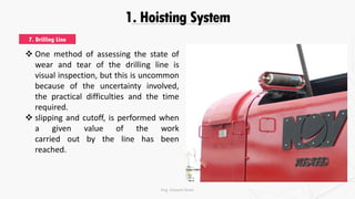 1. Hoisting System
 One method of assessing the state of
wear and tear of the drilling line is
visual inspection, but this is uncommon
because of the uncertainty involved,
the practical difficulties and the time
required.
 slipping and cutoff, is performed when
a given value of the work
carried out by the line has been
reached.
7. Drilling Line
Eng. Elsayed Amer
 