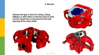 Eng. Elsayed Amer
2. Elevator
Clamps that grip a stand of casing, tubing,
drillpipe or drill collars so that the stand or joint
can be raised from or lowered into the hole
opening of the rotary table.
Eng. Elsayed Amer
 