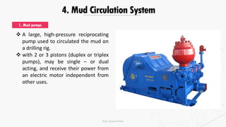 4. Mud Circulation System
1. Mud pumps
 A large, high-pressure reciprocating
pump used to circulated the mud on
a drilling rig.
 with 2 or 3 pistons (duplex or triplex
pumps), may be single – or dual
acting, and receive their power from
an electric motor independent from
other uses.
Eng. Elsayed Amer
 
